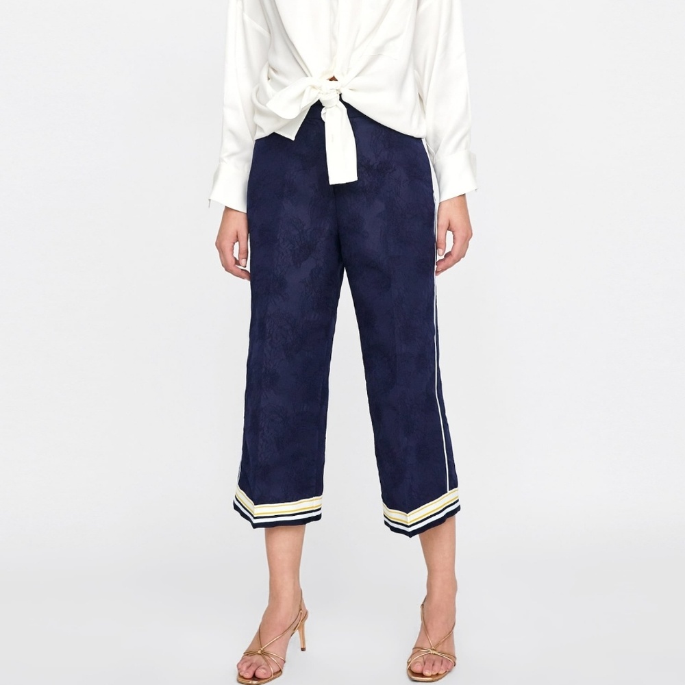 ZARA high waisted navy blue jacquard trousers